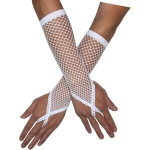 Women's White Finger Loop Stretchy Fishnet Satin Gloves Wedding Party Cosplay